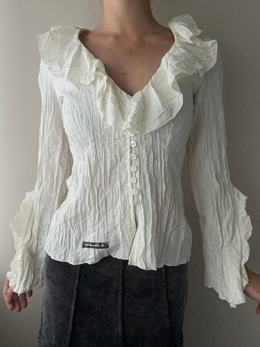 Off White/Ivory Crinkle Blouse with Ruffles (M)