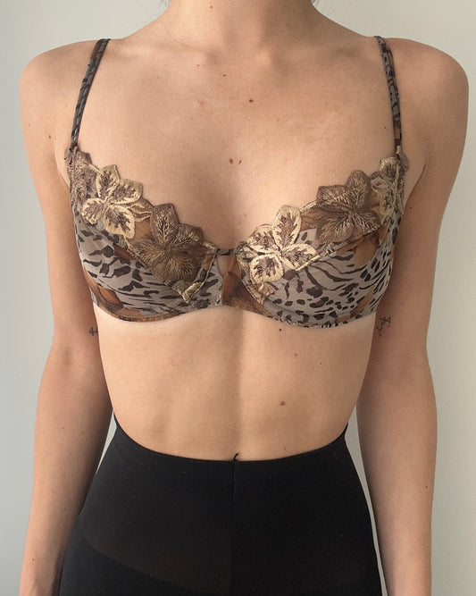 Simone Pérèle Brown Sheer Animal Printed Bra With Floral Embroidery (70C/32C)