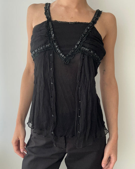 Black Silk Cami/Halter Top With Sequins And Beads (XS)