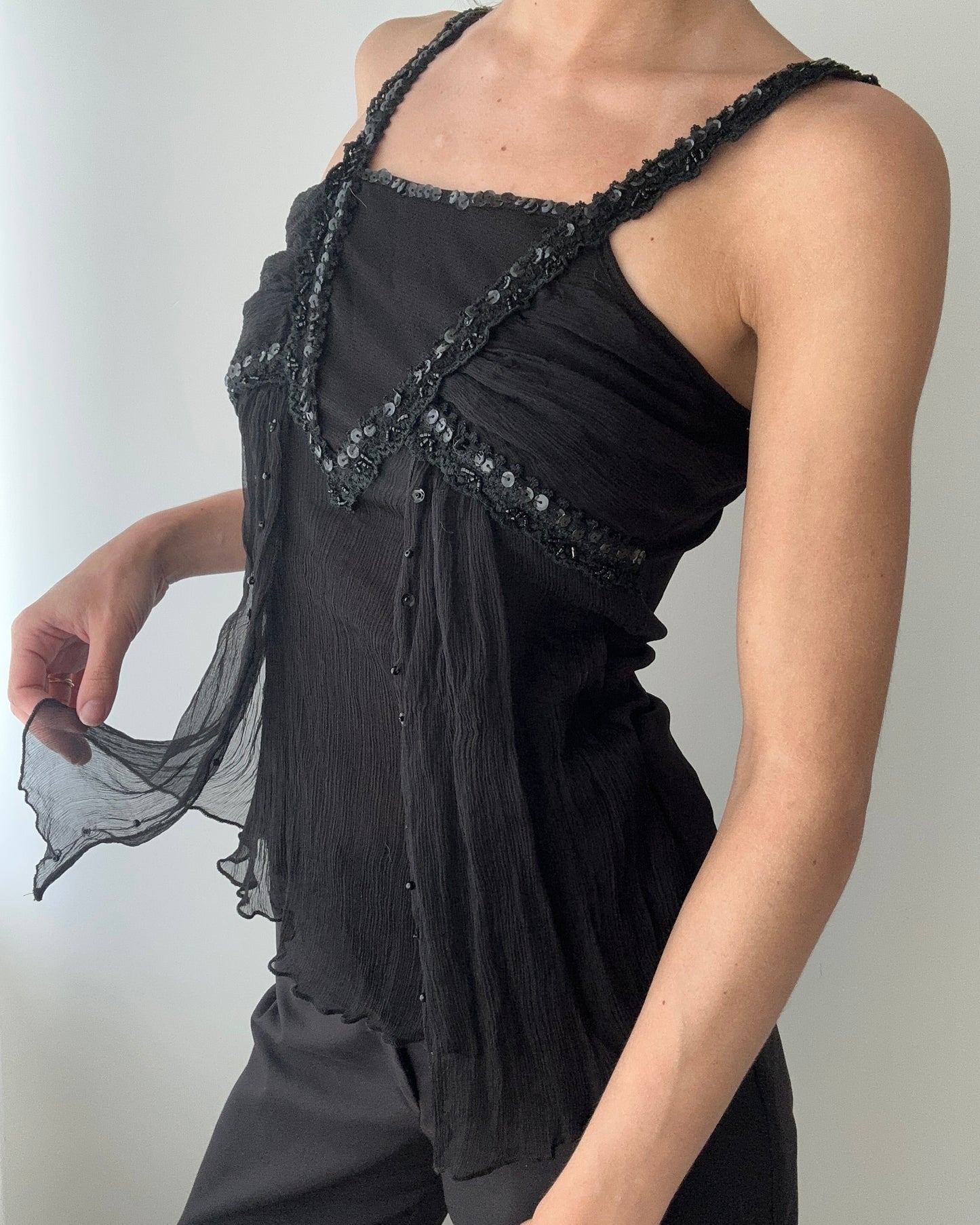 Black Silk Cami/Halter Top With Sequins And Beads (XS)