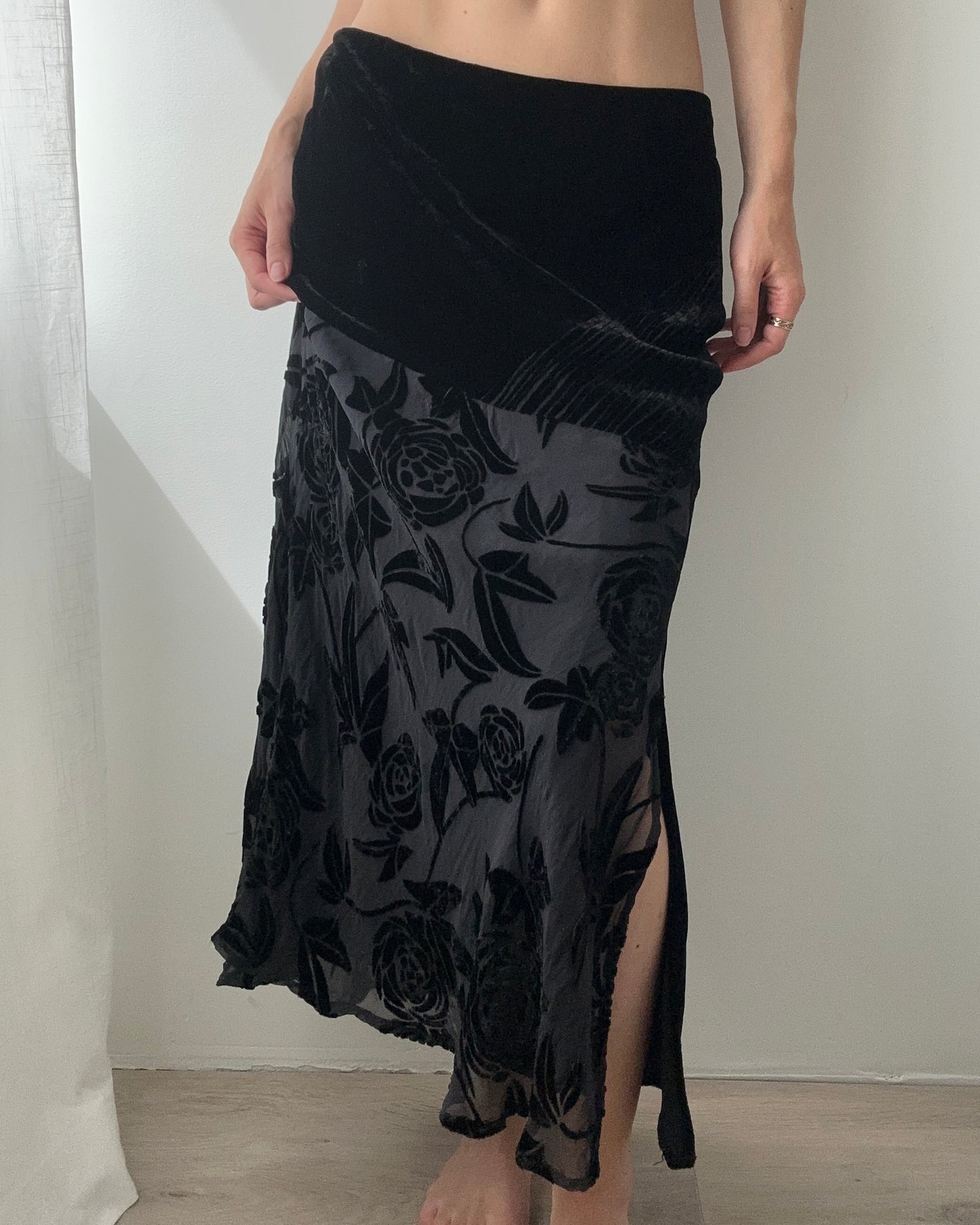 Black Silk Maxi Floral Skirt (XS-S)