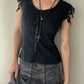 René Derhy Black Top with Lace-up detail and Floral Embroidery (M)