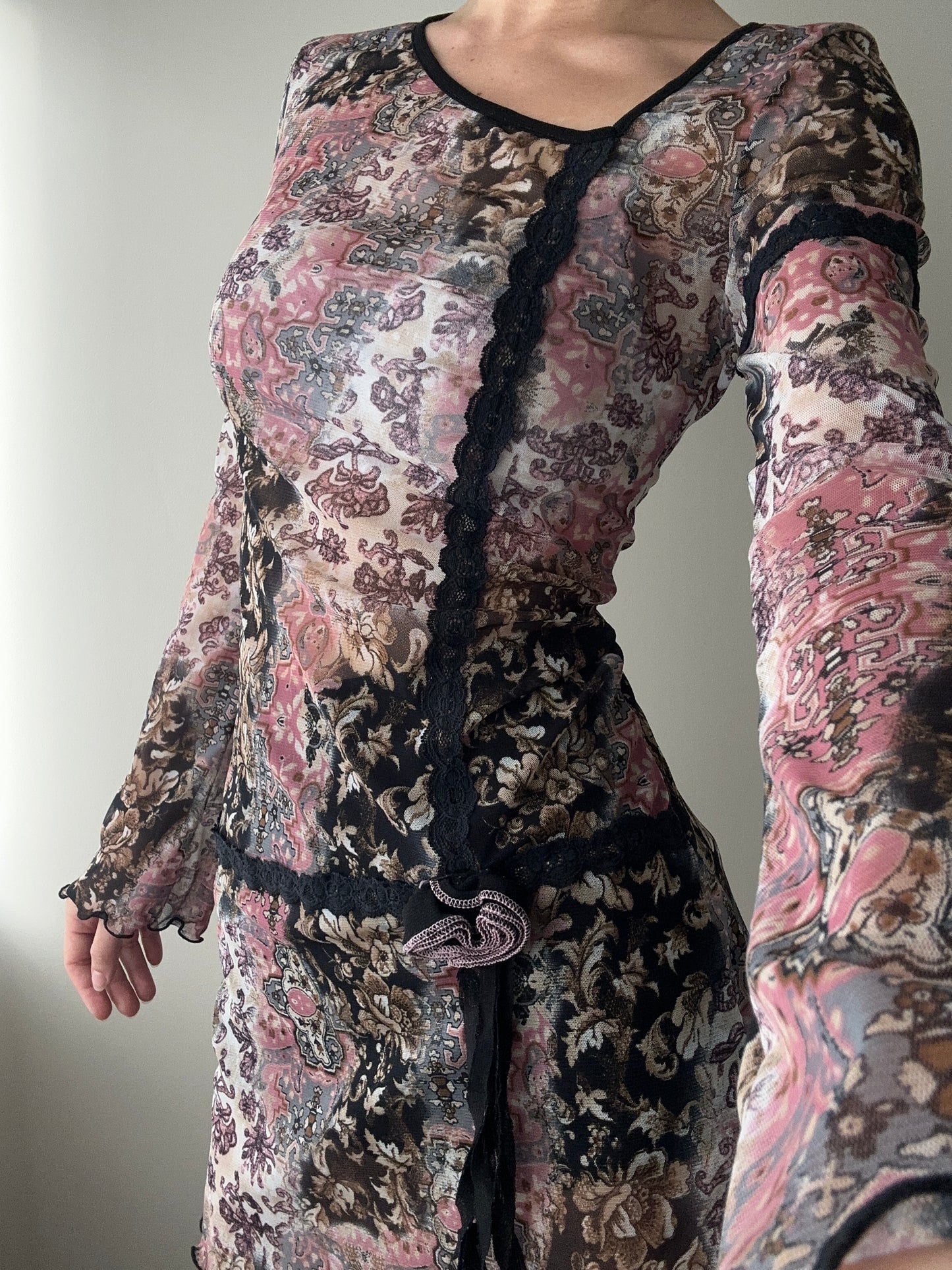 Mixed Pattern Mesh Tunic with Asymmetrical Neckline (S-M)