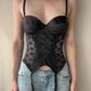 Vintage - Black Soft Shiny Corset Top with Lace Detailing (XS-S)