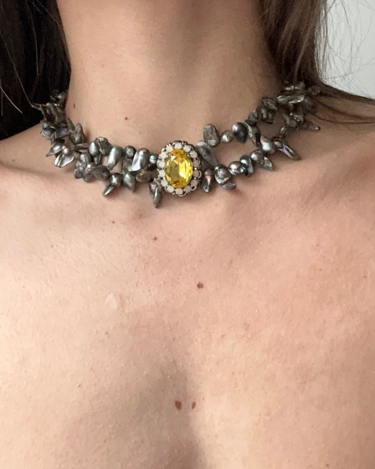 Statement Beaded Choker with Yellow Gemstone Centerpiece