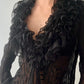 Black Sheer Ruffle Blouse With Embroidery (M)