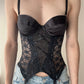Vintage - Black Soft Shiny Corset Top with Lace Detailing (XS-S)