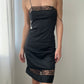 Black Vintage Nylon Slip Dress with Sheer Floral Embroidery Details (XS)