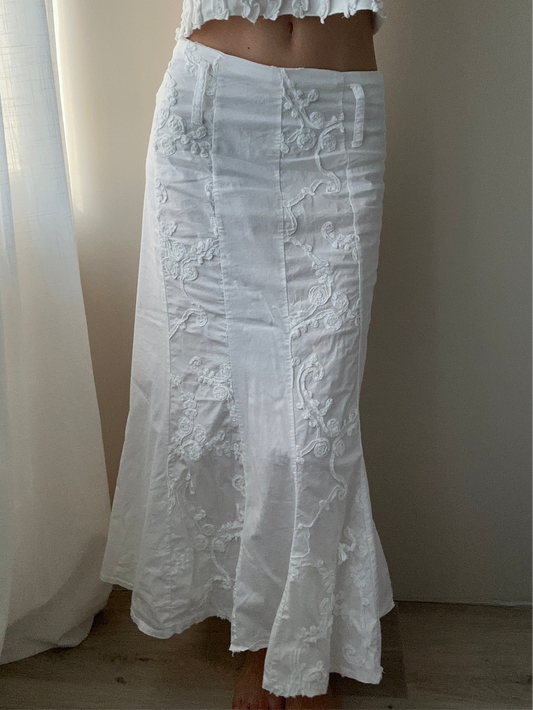 White Cotton Mermaid Maxi Skirt with Embroidery (XS-S)