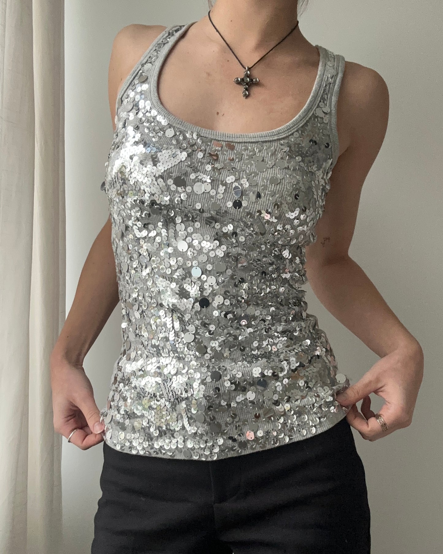 Grey Ribbed Tank Top with Silver Sequins (XS)