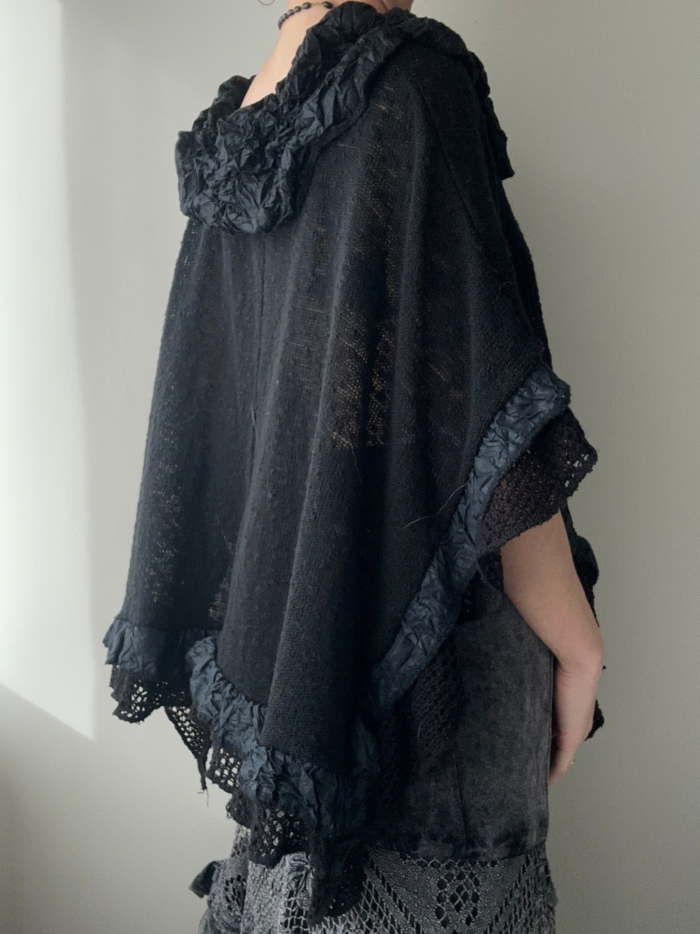 Black Rare Knitted Poncho with Ruffles (one size)