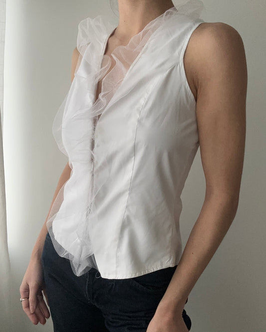 White Gilet Top with Sheer Ruffles (S)