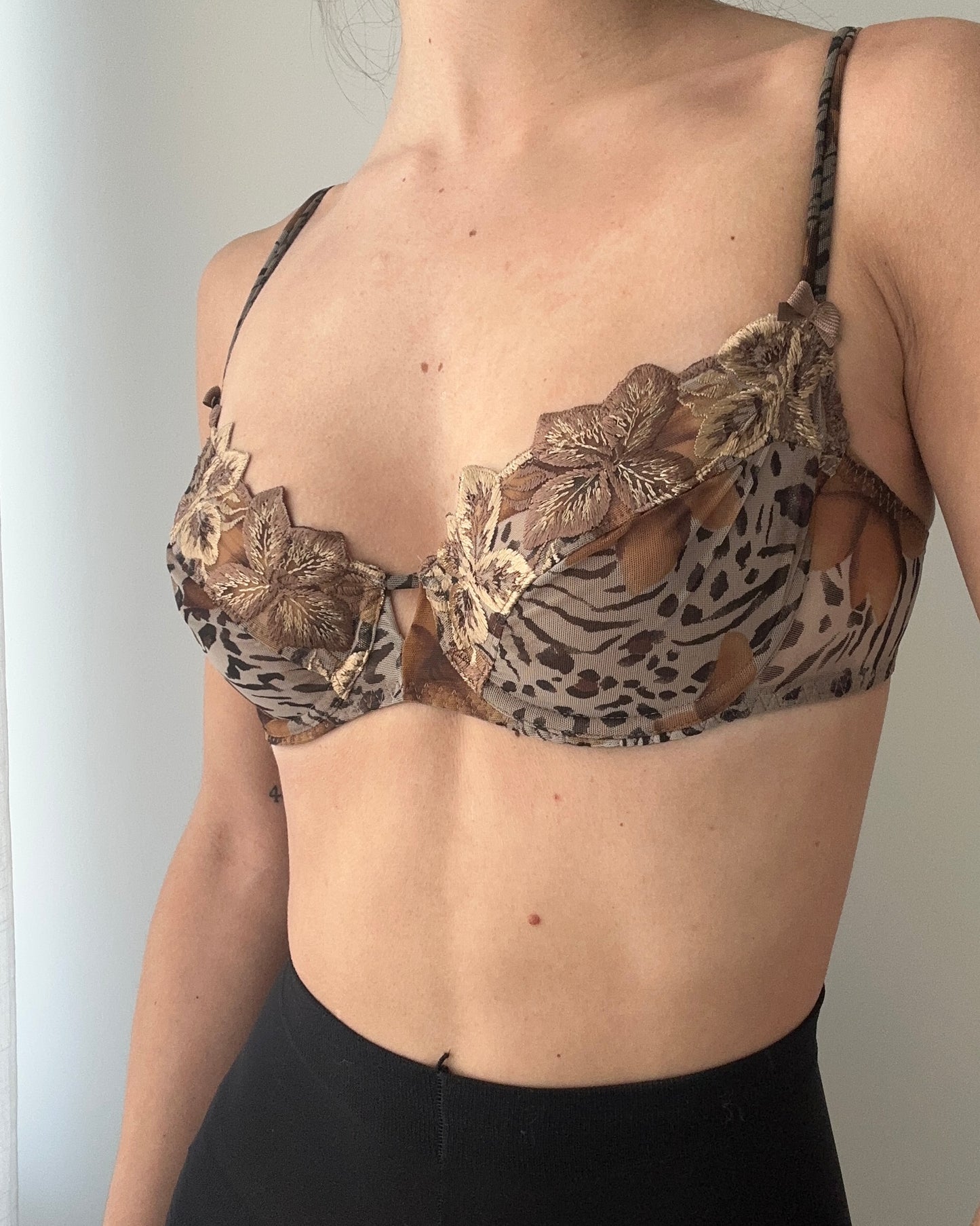 Simone Pérèle Brown Sheer Animal Printed Bra With Floral Embroidery (70C/32C)