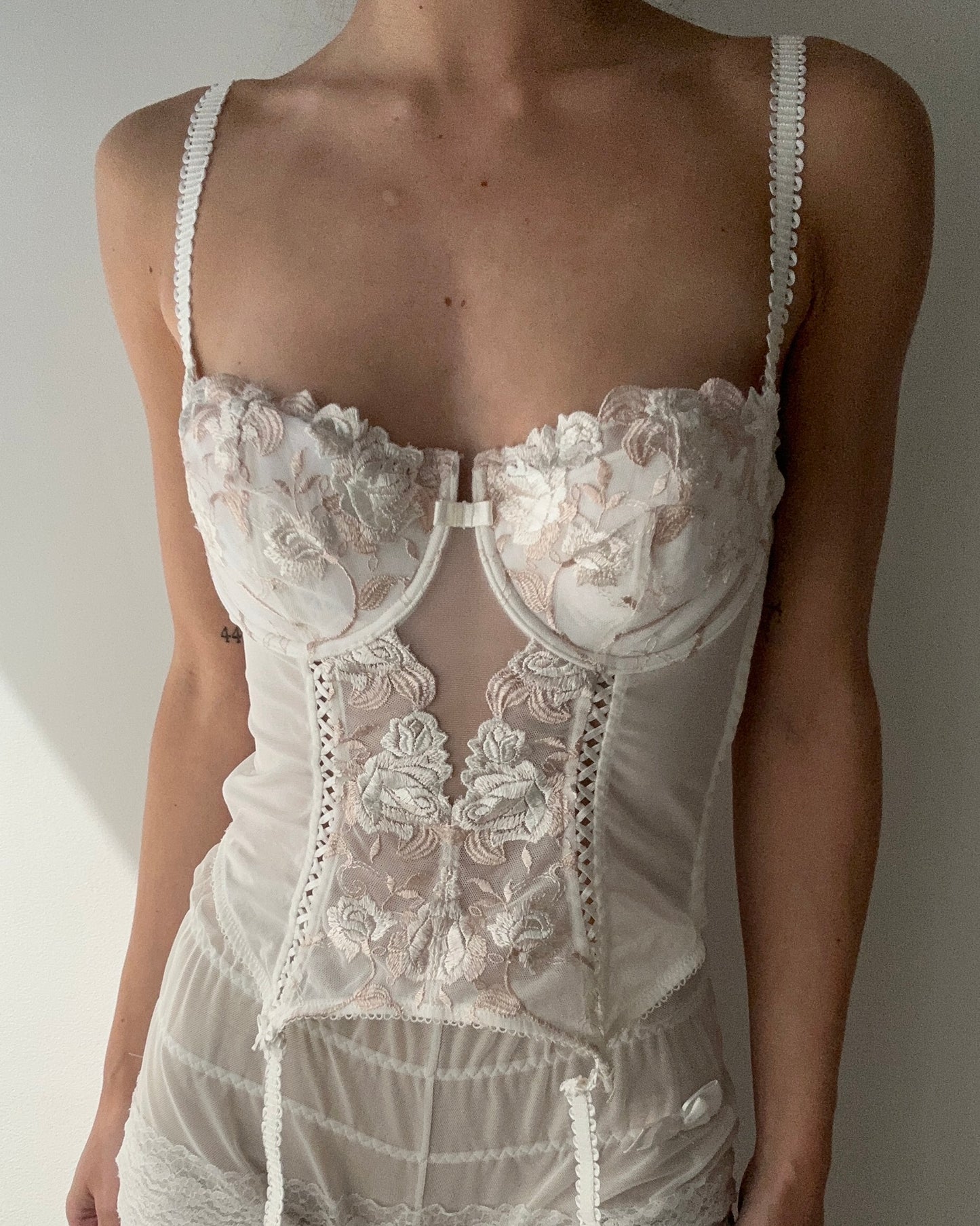 Cream Mesh Corset With Floral Embroidery