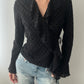 Black Sheer Wrap Top With Ruffles And Polkadots (S)