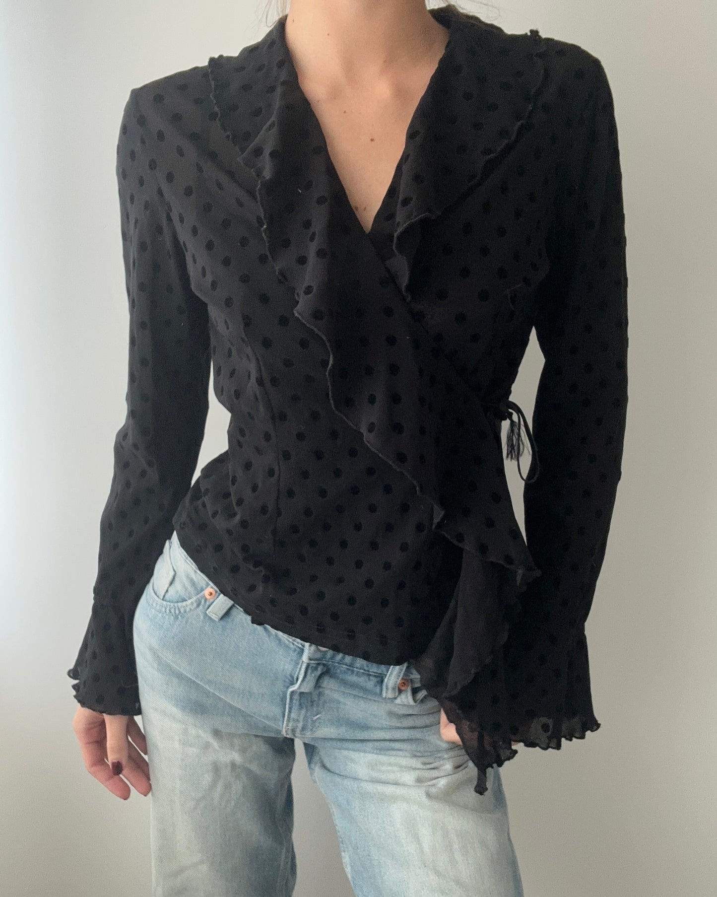 Black Sheer Wrap Top With Ruffles And Polkadots (S)