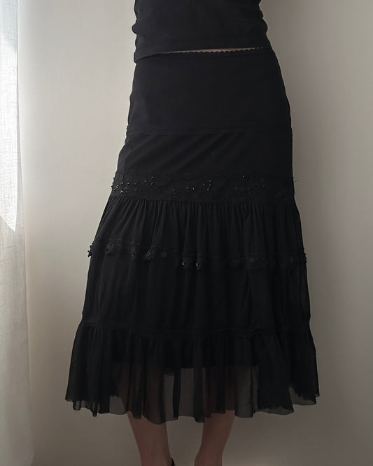 Black Dropped Waist Bohemian Mesh Skirt (S-M)
