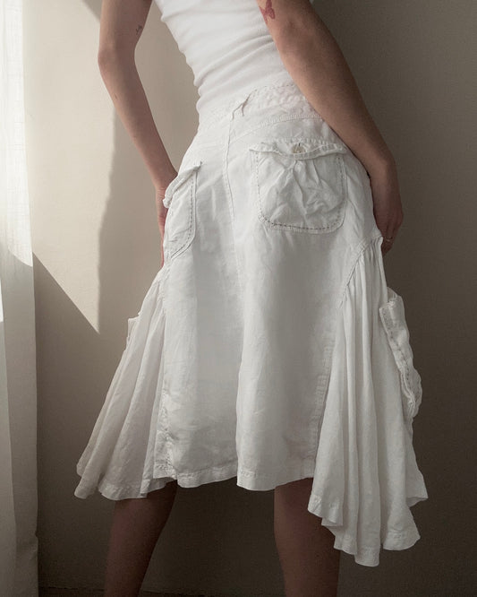 White Linen and Cotton Asymetric Double Layer Midi Skirt (L)
