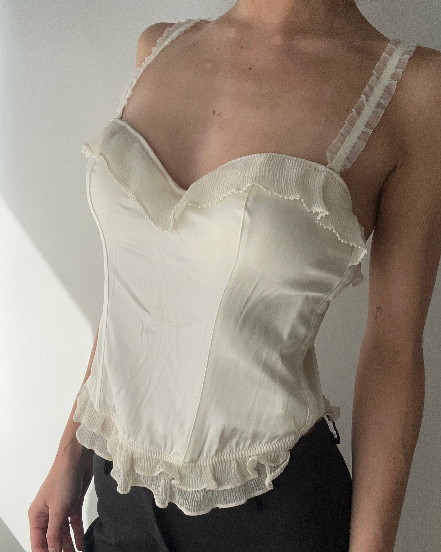 Silk Ivory Corset Top with Ruffles and Beads (S)