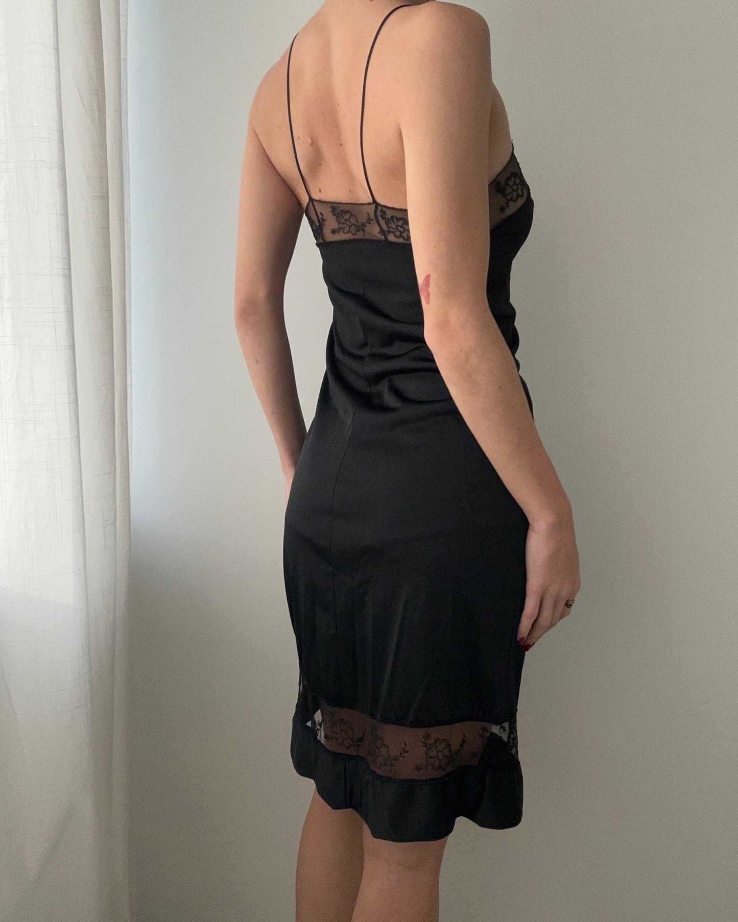 Black Vintage Nylon Slip Dress with Sheer Floral Embroidery Details (XS)