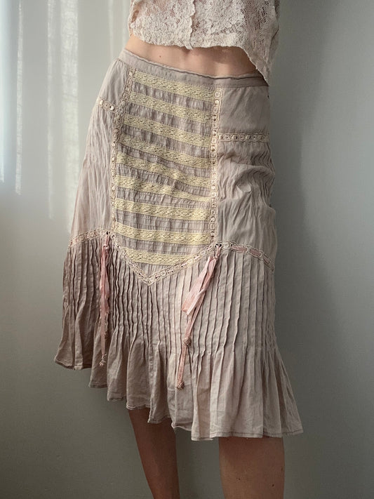 Beige and Rose Taupe Cotton Midi Skirt with Lace Details (S)