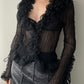 Black Sheer Crinkle Blouse with Ruffles (S-M)
