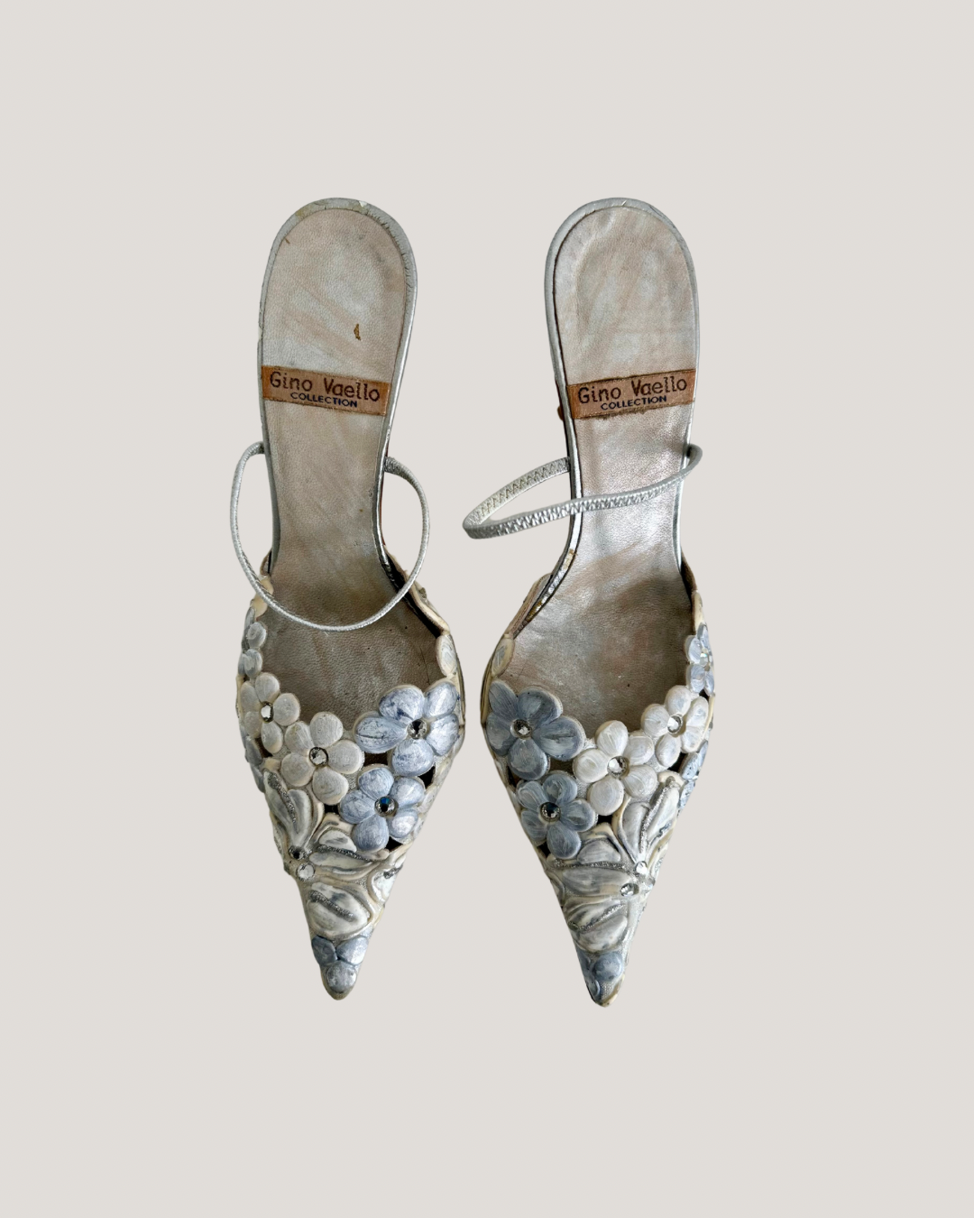 Pointy Hand painted Silver and White Floral Heels with Rhinestones (38)