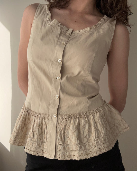 Button up Peplum Top with Ruffles and Embroidery (M)