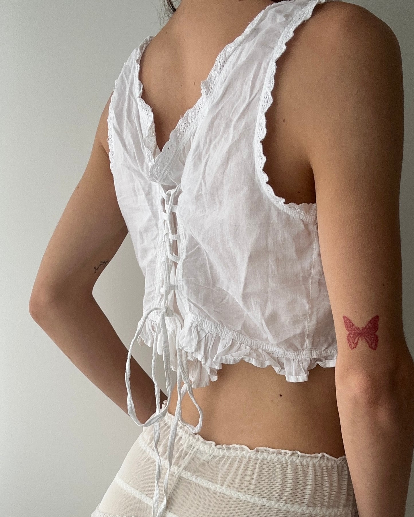 White Cotton Mini Button Up Top With Embroidery And Ruffles