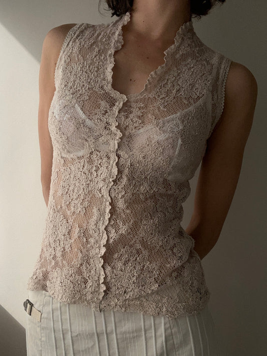 Beige Lace V-neckline Tank Top (XS-S)