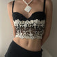 Black and Beige Gold Floral Embroidered Longline Bra (75B/34B)