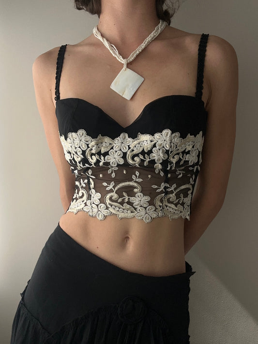 Black and Beige Gold Floral Embroidered Longline Bra (75B/34B)