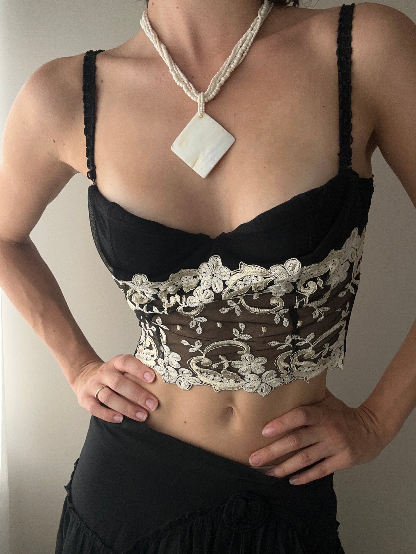 Black and Beige Gold Floral Embroidered Longline Bra (75B/34B)