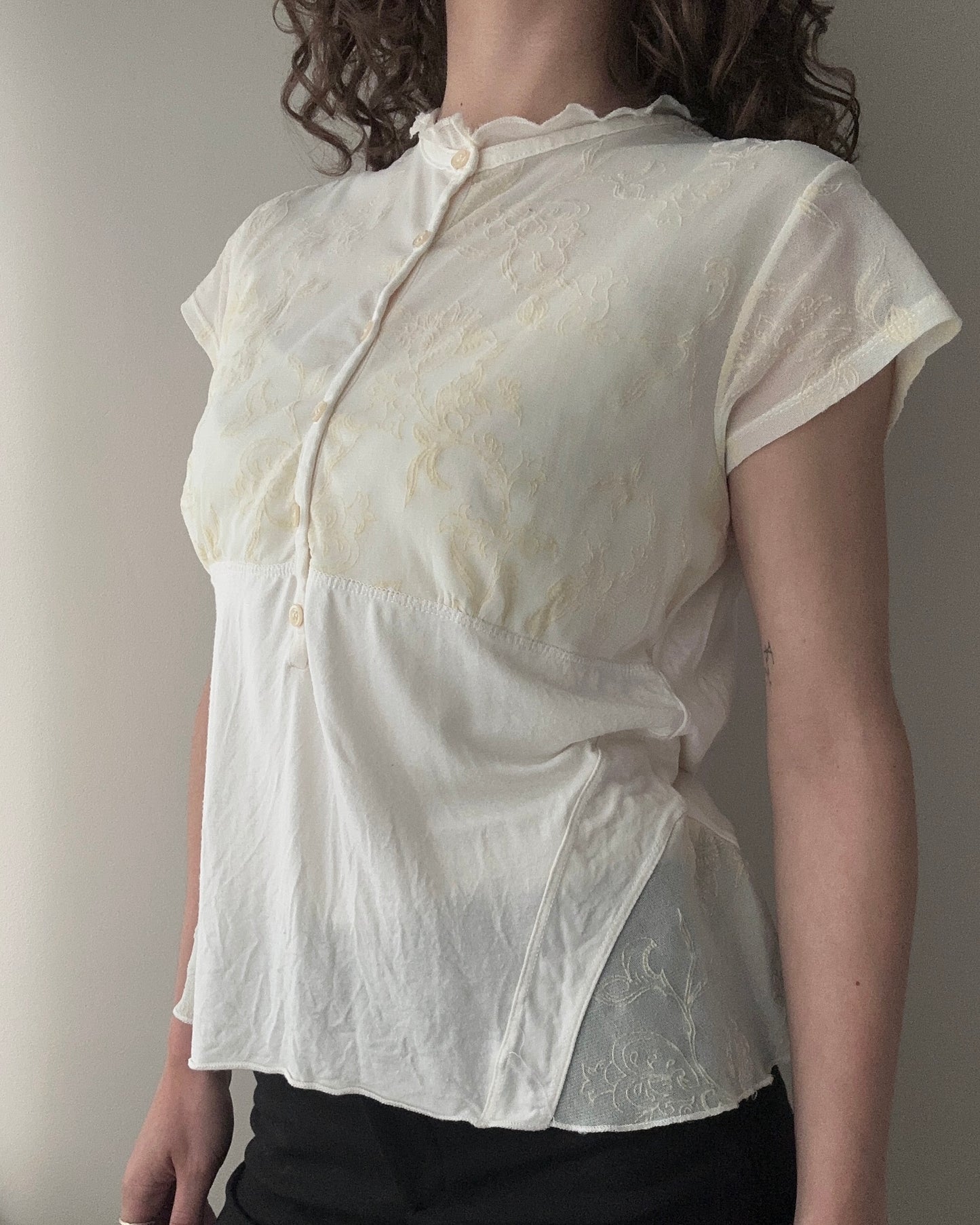 Sheer Button-up Top with Velvet Floral Details (M)