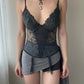 Malizia by La Perla - Slate Grey Corset Top with Suspenders and Embroidered Details (S)