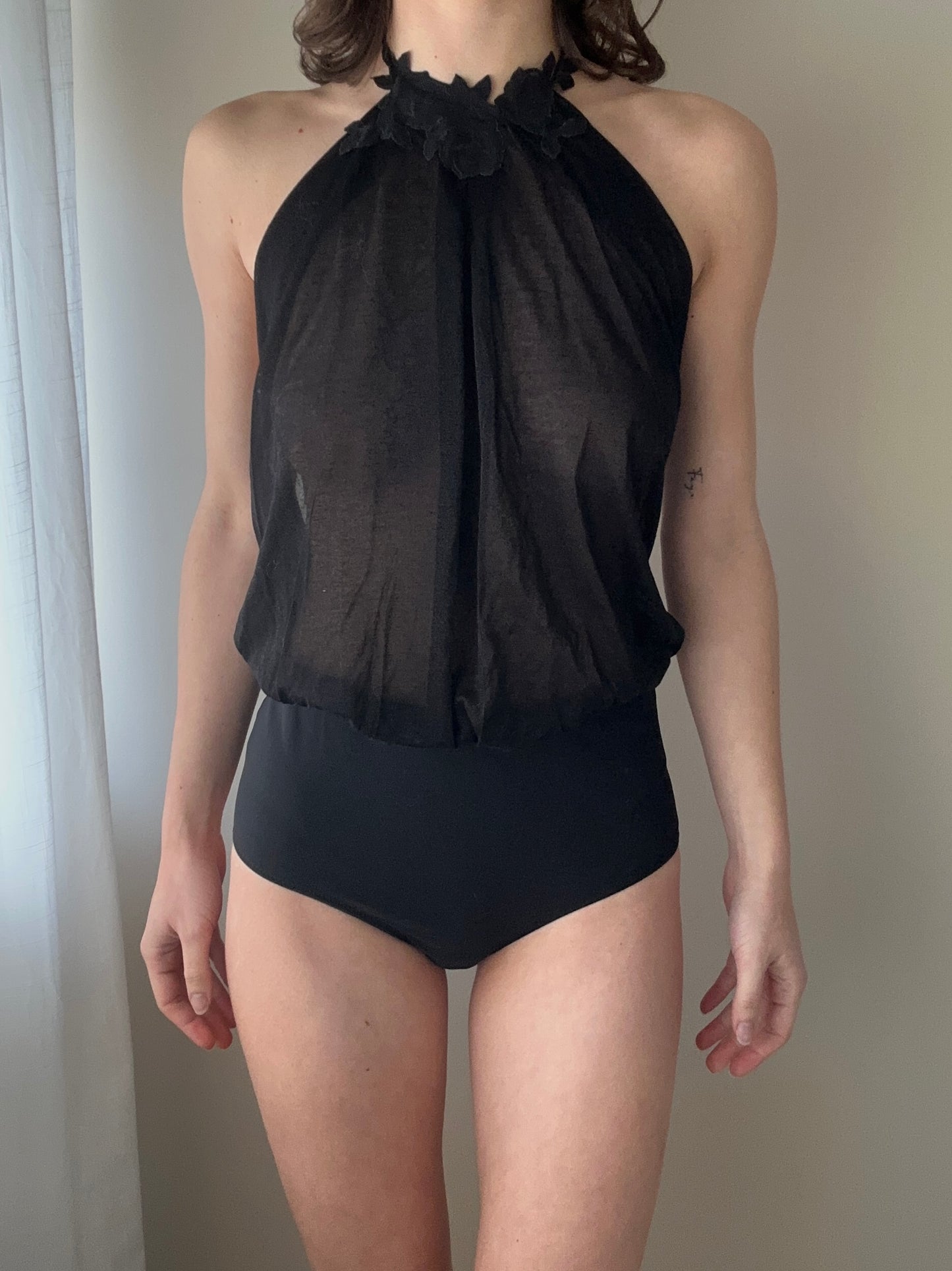 La Perla - Black Sheer Floral Halter Bodysuit (S-M)