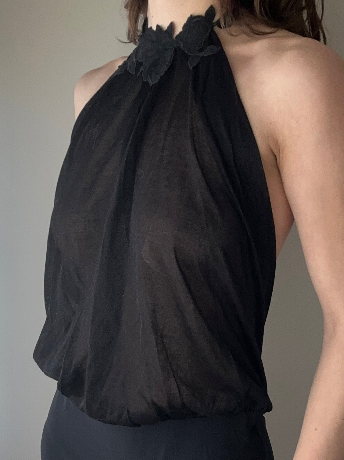 La Perla - Black Sheer Floral Halter Bodysuit (S-M)