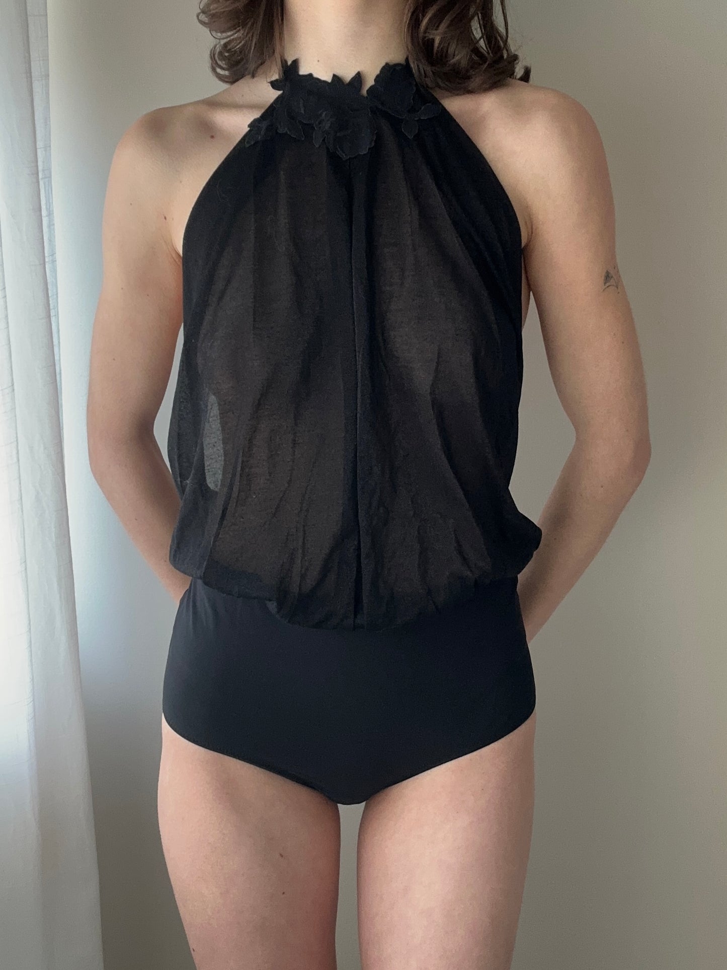 La Perla - Black Sheer Floral Halter Bodysuit (S-M)