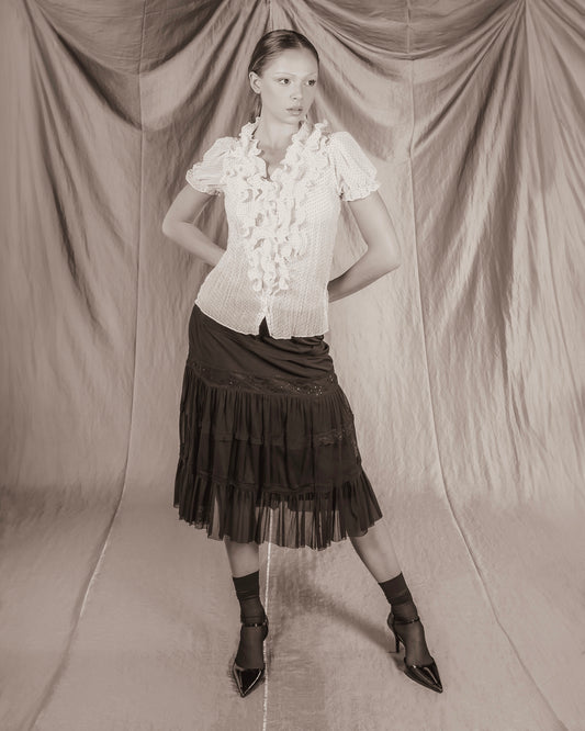 Sheer Ruffle Blouse with Pindot Design (S)