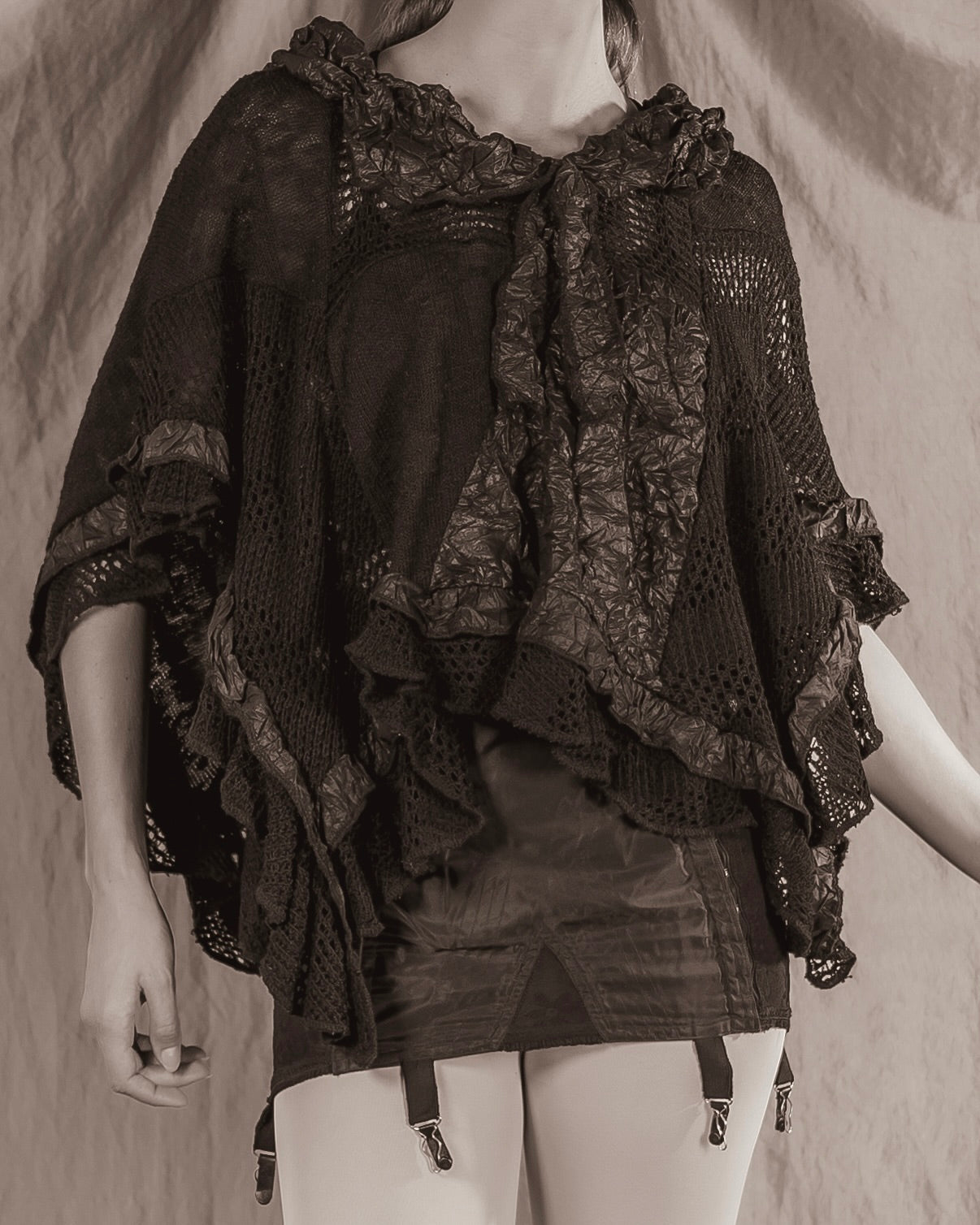 Black Rare Knitted Poncho with Ruffles (one size)