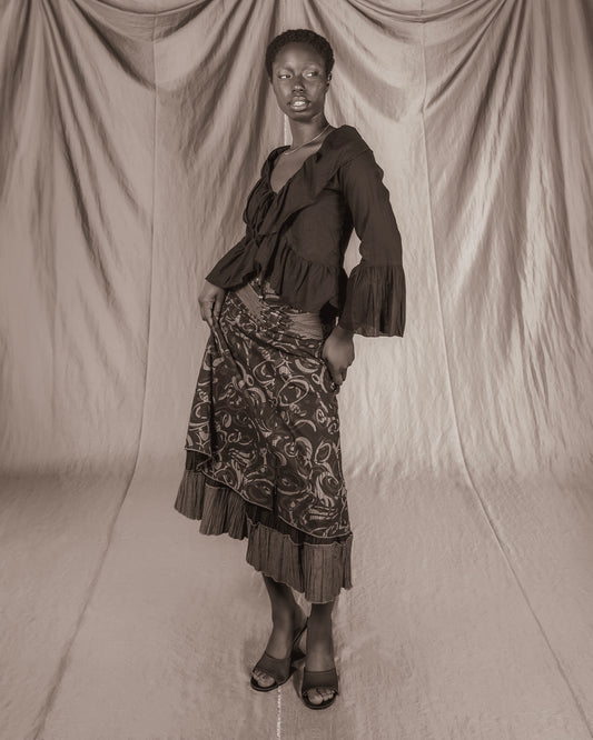 Anthracite and Black Abstract Printed Double Layer Maxi Skirt (XS)
