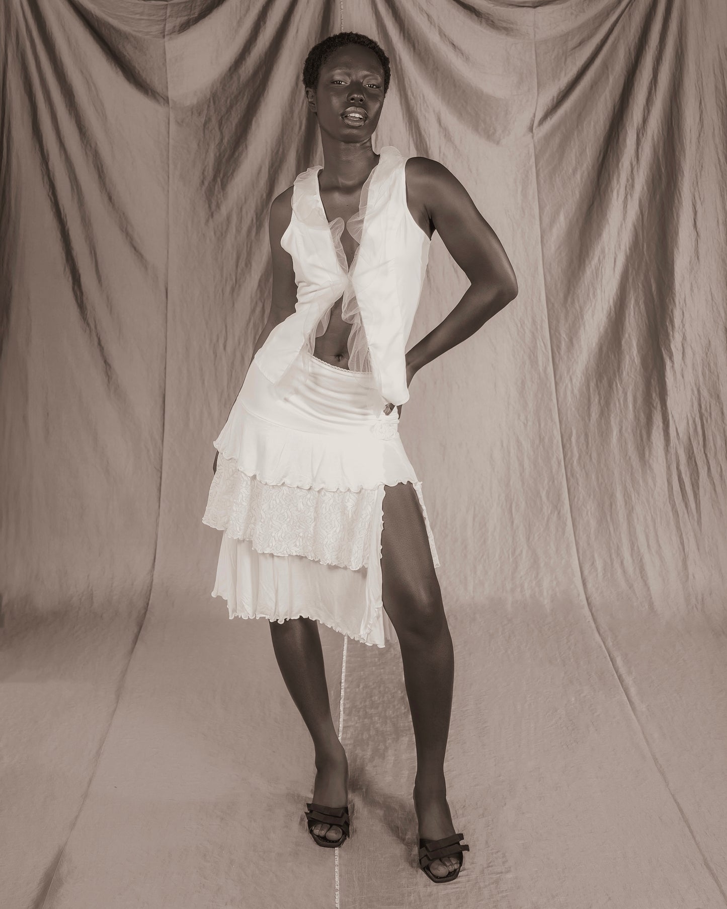 White Gilet Top with Sheer Ruffles (S)